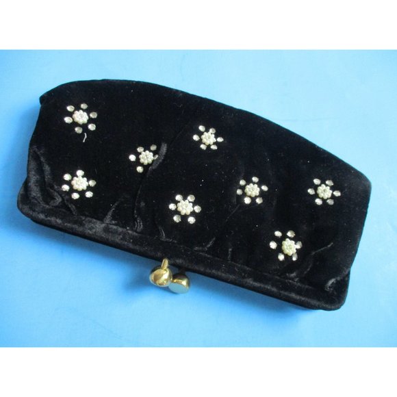 *Vintage Black Velvet Bead and Rhinestone Cloth Divided Clutch Evening Bag - Picture 8 of 9